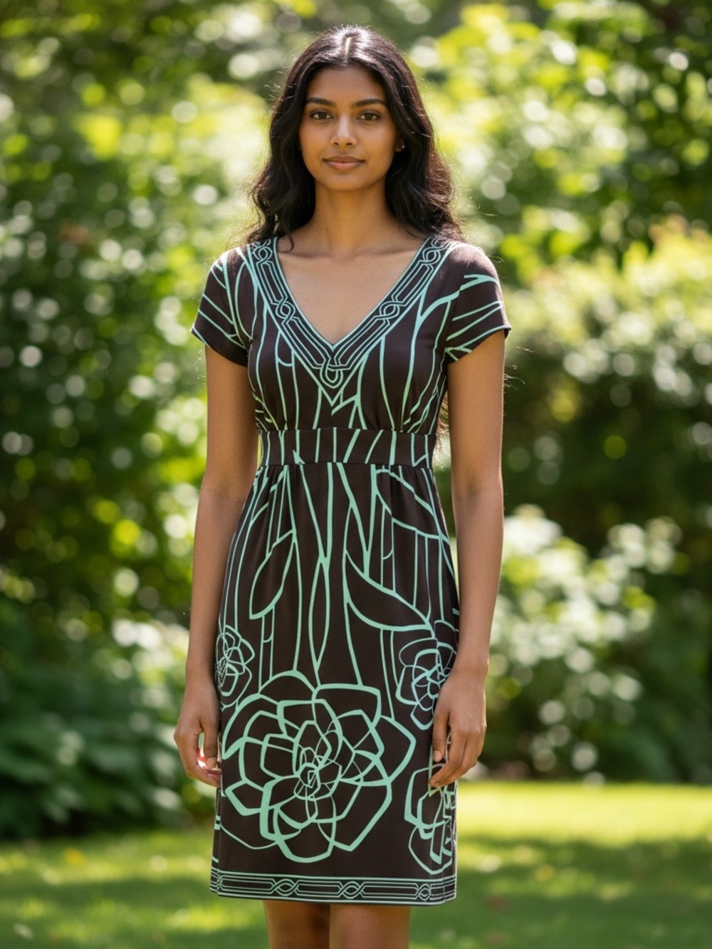 Vintage Y2K 90’s V-Neck Brown Midi Wrap Dress with Mint Floral Print